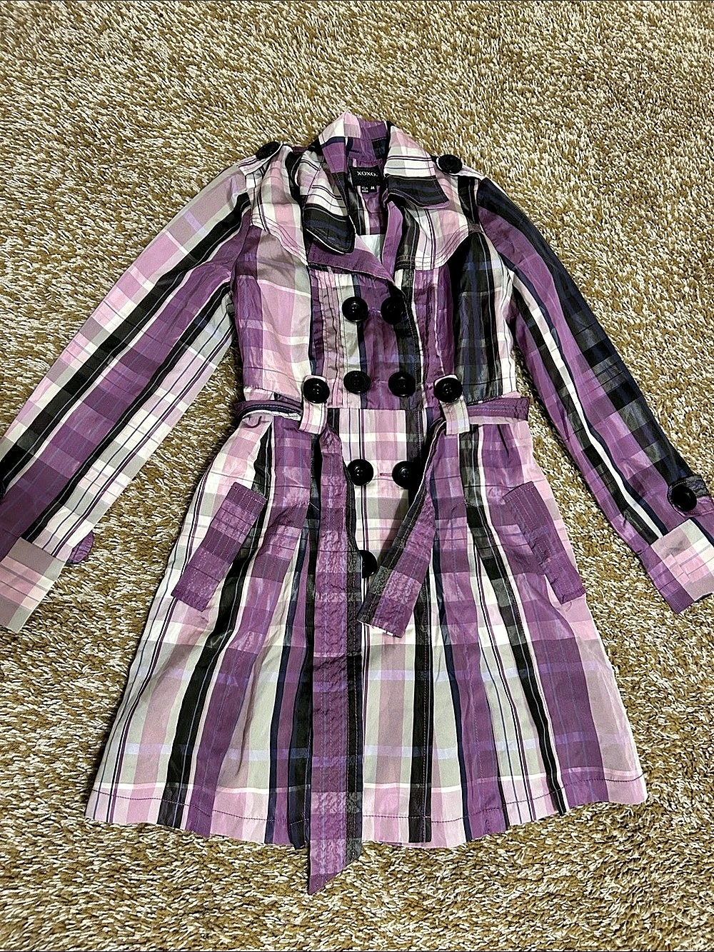 XOXO Plaid Trench Coat in Purple & Black Size Medium